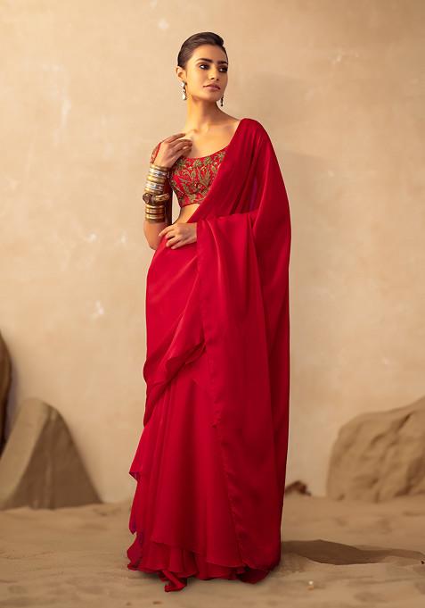 Red Ruffled Pre-Stitched Saree Set With Floral Embroidered Blouse