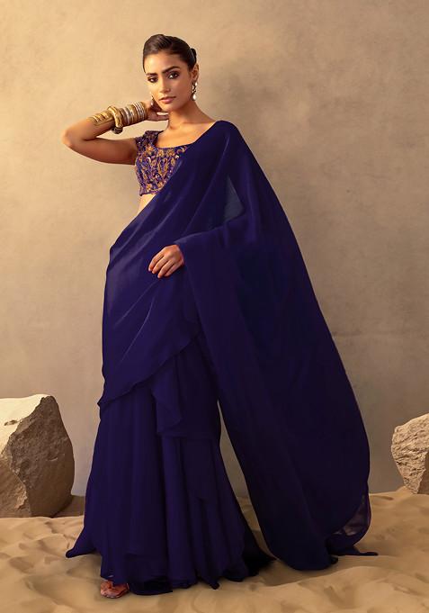 Navy Blue Ruffled Pre-Stitched Saree Set With Floral Embroidered Blouse