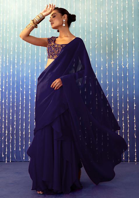 Ruffled Pre-Stitched Ombre Saree with Frills and Black Sequin Blouse