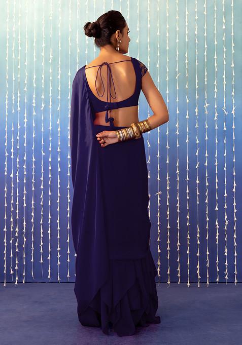 Draped Ruffled Pre-stitched Saree with Velvet Sequinned Crystal Embellished Blouse main image 1