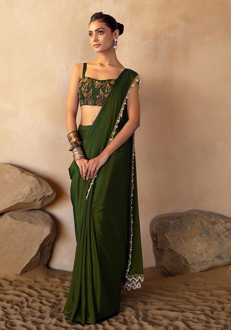 Olive Green Pre-Stitched Saree Set With Floral Embroidered Strappy Blouse