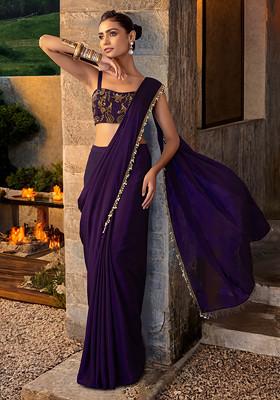 Purple Pre-Stitched Saree Set With Floral Embroidered Strappy Blouse