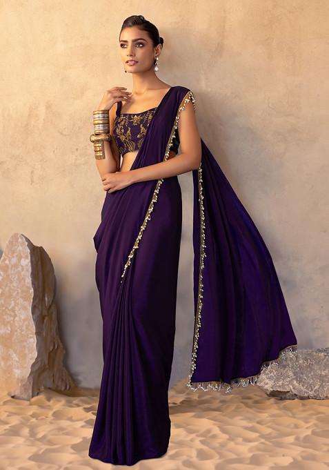 Purple Pre-Stitched Saree Set With Floral Embroidered Strappy Blouse