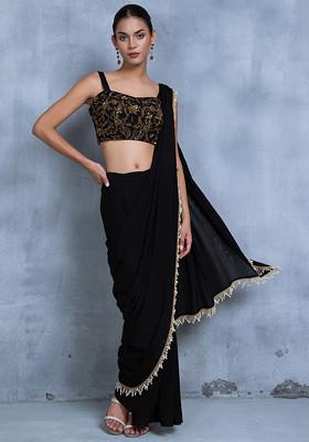 Black Pre-Stitched Saree Set With Floral Embroidered Strappy Blouse