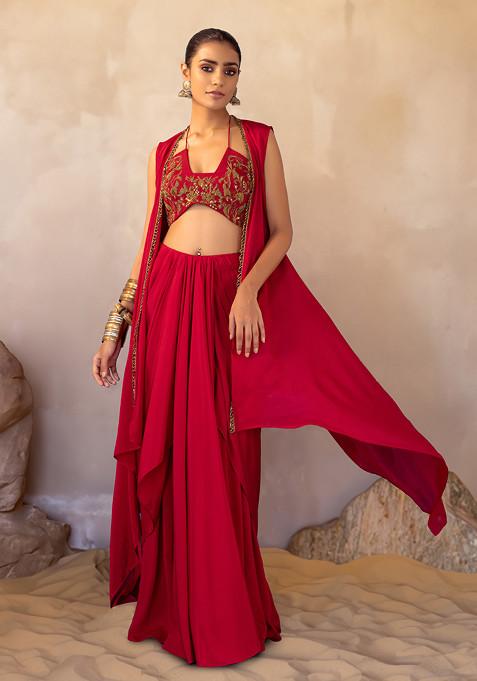 Red Jacket Set With Floral Embroidered Strappy Blouse And Draped Skirt