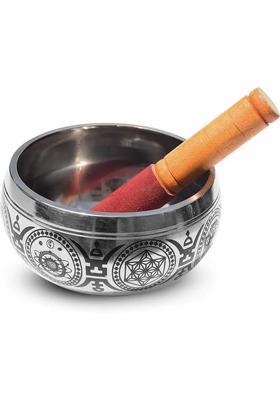 Tibetan Leaf Design Prayer Instrument 5 Inch Silver With Striker Stick