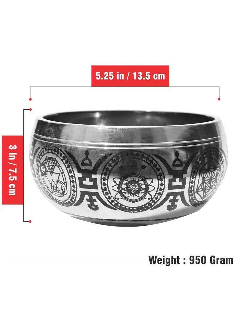 Tibetan Leaf Design Prayer Instrument 5 Inch Silver With Striker Stick - Indya