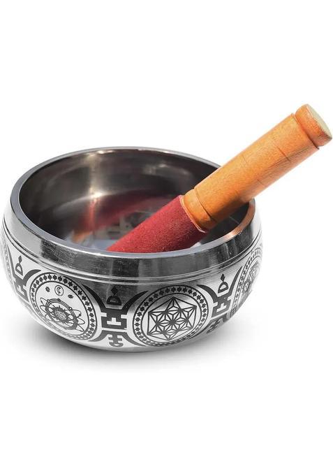 Tibetan Leaf Design Prayer Instrument 5 Inch Silver With Striker Stick