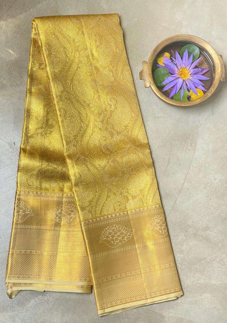 Gold Pure Kanchipuram Pure Silk Saree With Traditional Woven Design For Women - Indya