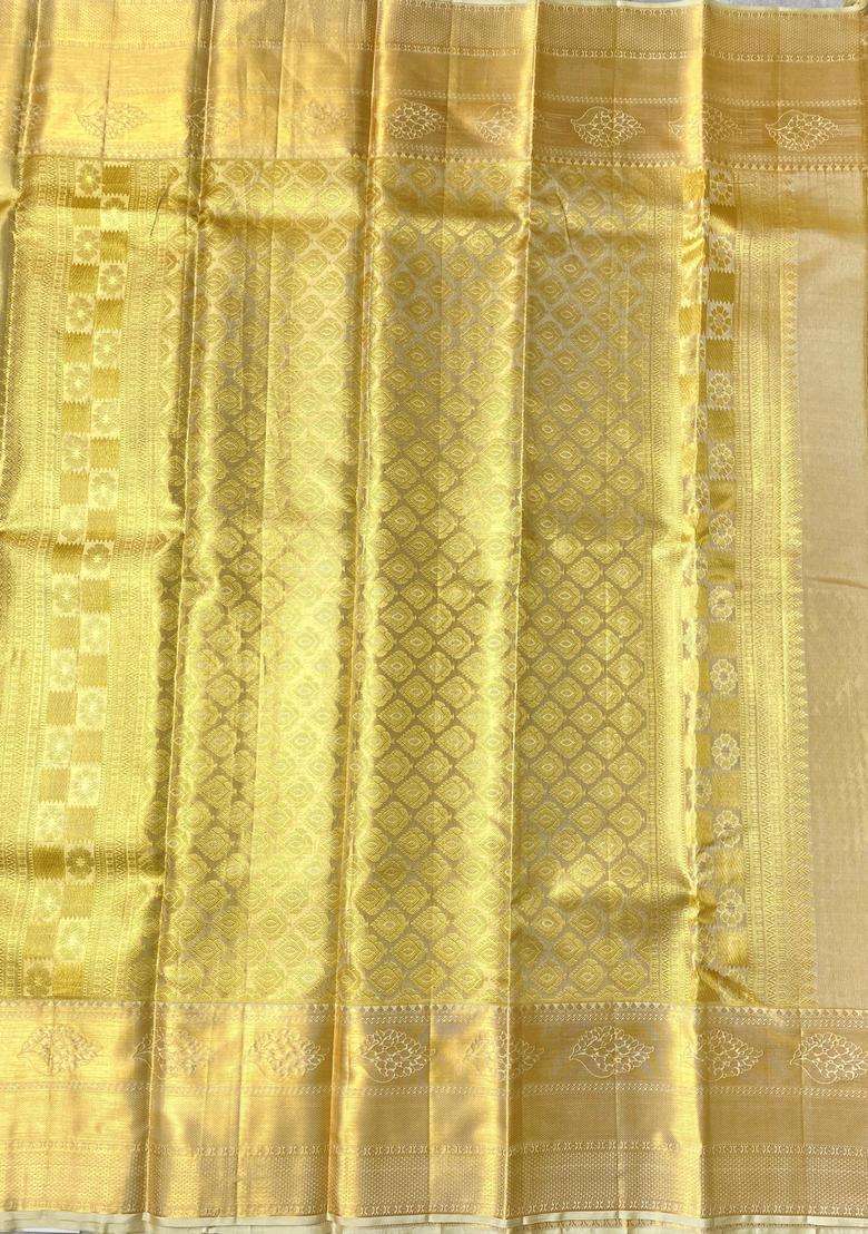Gold Pure Kanchipuram Pure Silk Saree With Traditional Woven Design For Women - Indya