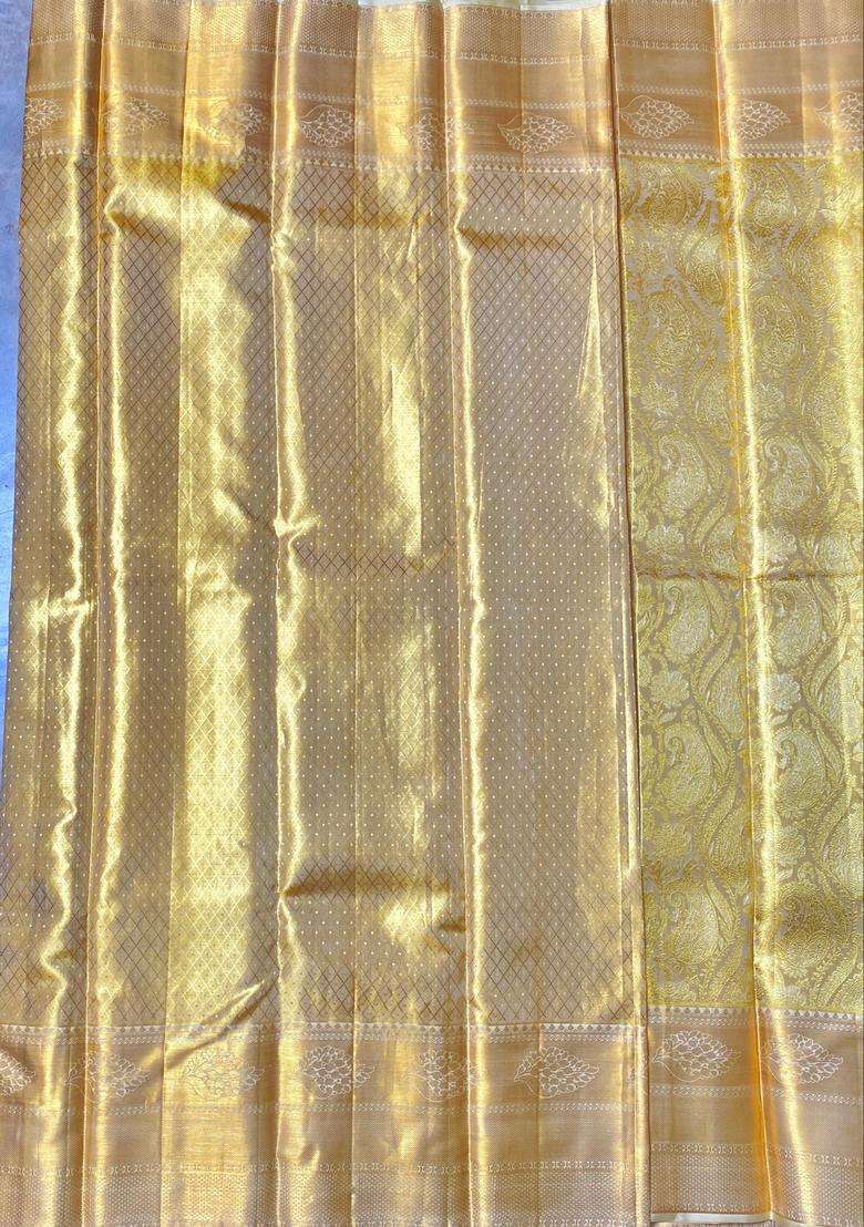 Gold Pure Kanchipuram Pure Silk Saree With Traditional Woven Design For Women - Indya
