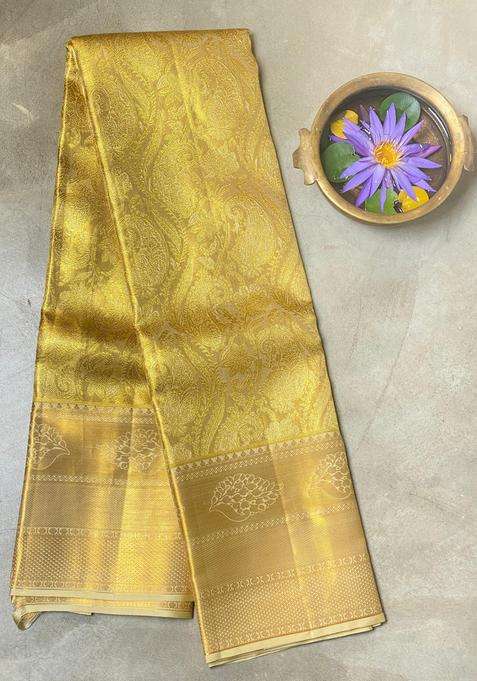 Gold Pure Kanchipuram Pure Silk Saree With Traditional Woven Design For Women