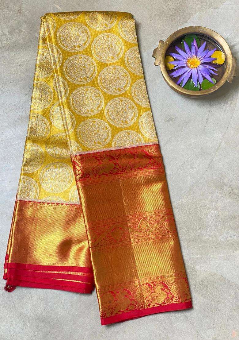 Gold Pure Kanchipuram Pure Silk Saree With Traditional Woven Design For Women - Indya