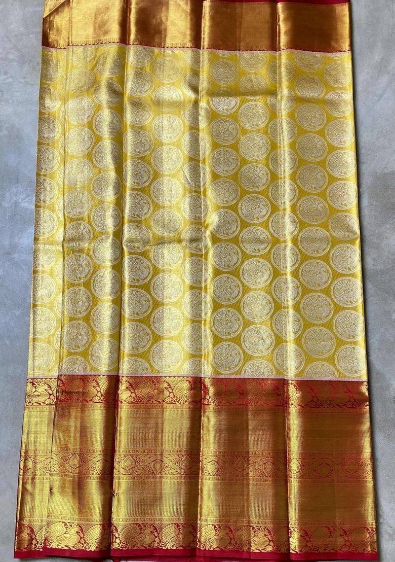 Gold Pure Kanchipuram Pure Silk Saree With Traditional Woven Design For Women - Indya