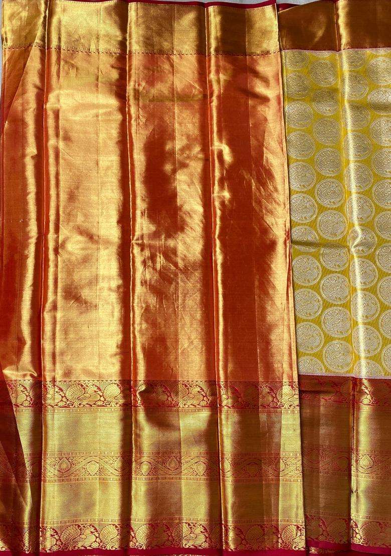 Gold Pure Kanchipuram Pure Silk Saree With Traditional Woven Design For Women - Indya