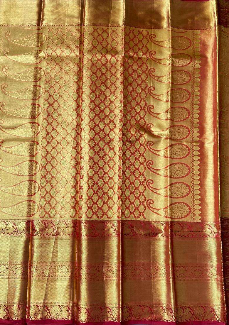 Gold Pure Kanchipuram Pure Silk Saree With Traditional Woven Design For Women - Indya