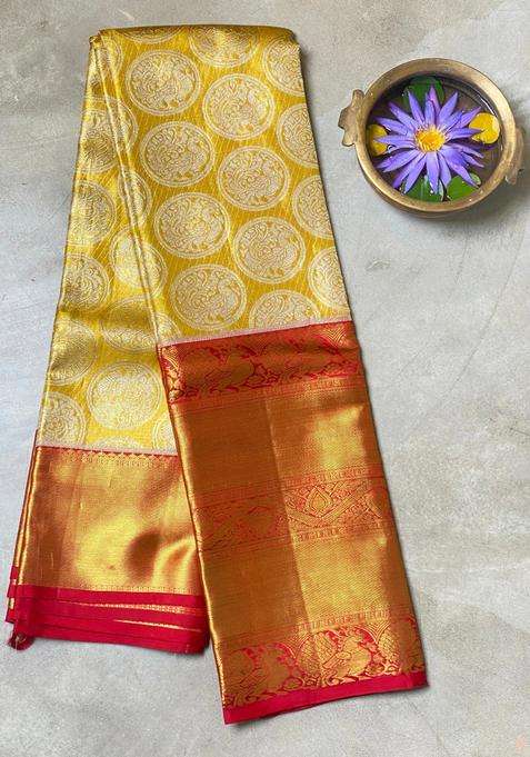 Gold Pure Kanchipuram Pure Silk Saree With Traditional Woven Design For Women