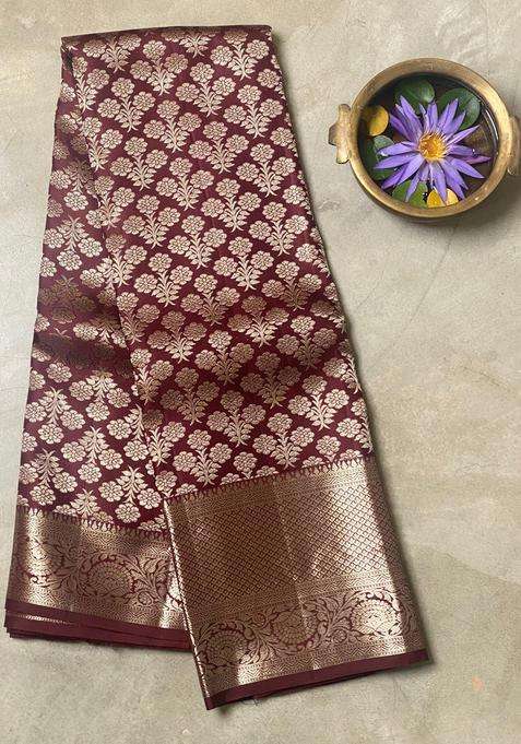 Brown Pure Kanchipuram Pure Silk Saree With Traditional Woven Design For Women