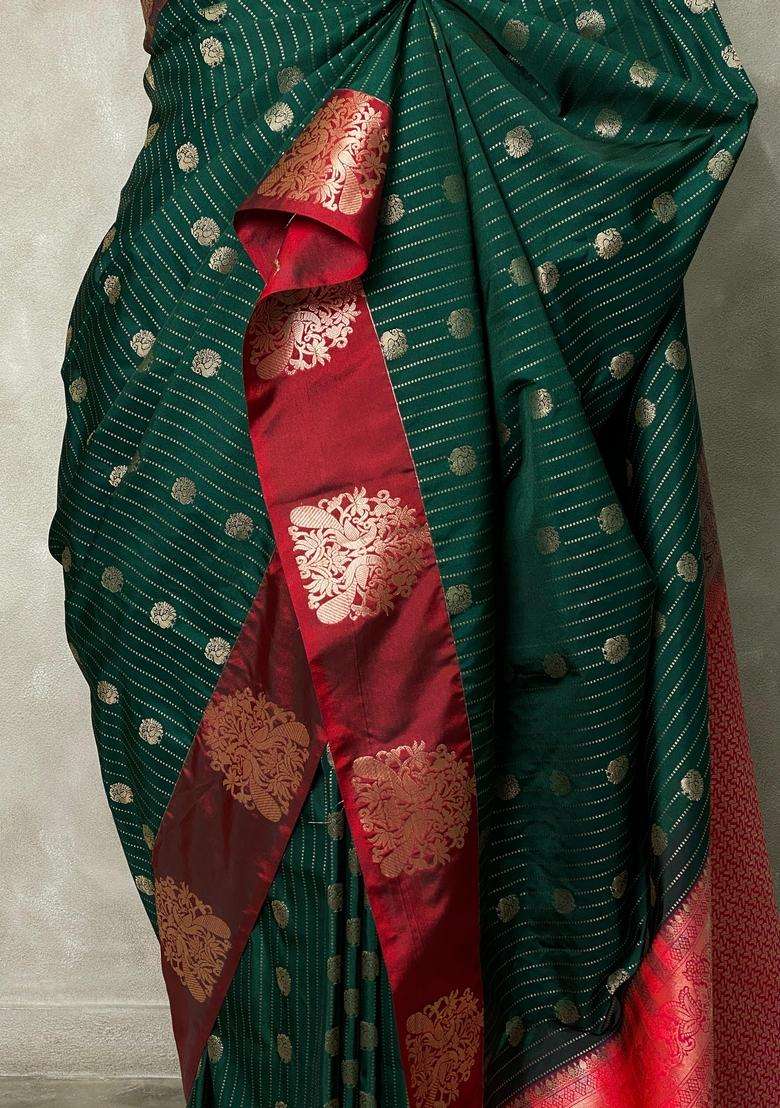 Bottle Green Maroon Pure Soft Silk Saree With Traditional Woven Design For Women - Indya