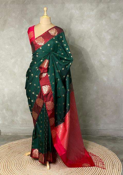 Bottle Green Maroon Pure Soft Silk Saree With Traditional Woven Design For Women