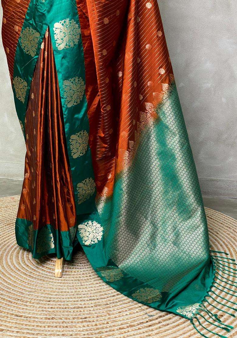 Golden Brown And Green Pure Soft Silk Saree With Traditional Woven Design For Women - Indya