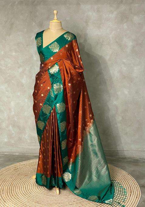 Golden Brown And Green Pure Soft Silk Saree With Traditional Woven Design For Women