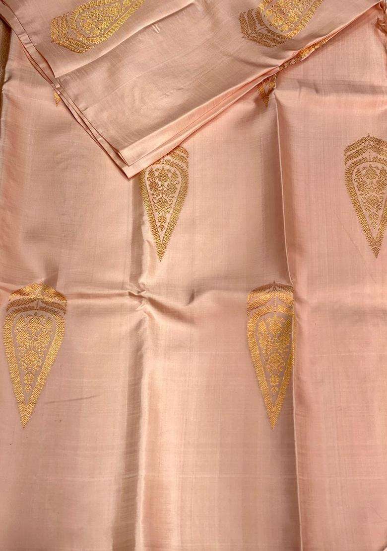 Pastel Sandal Peach Pure Handloom Kanchipuram Silk Saree With Traditional Woven Design For Women - Indya