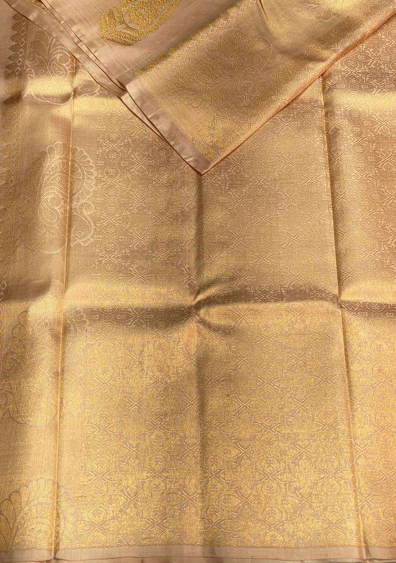 Pastel Sandal Peach Pure Handloom Kanchipuram Silk Saree With Traditional Woven Design For Women - Indya