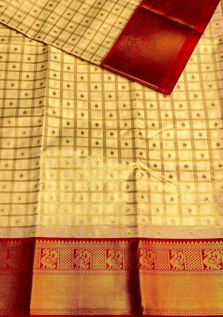 Sandal And Red Silk Saree With Traditional Woven Design For Women - Indya