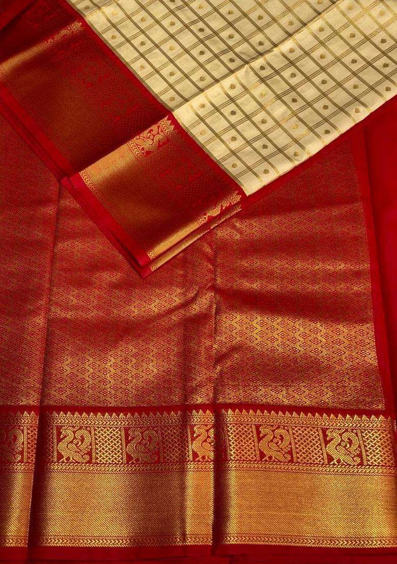 Sandal And Red Silk Saree With Traditional Woven Design For Women - Indya