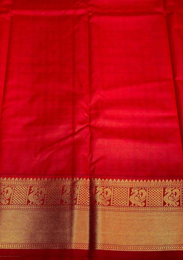 Sandal And Red Silk Saree With Traditional Woven Design For Women - Indya