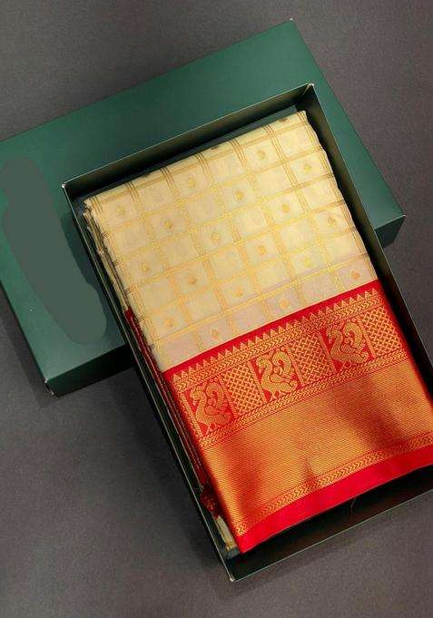 Sandal And Red Silk Saree With Traditional Woven Design For Women