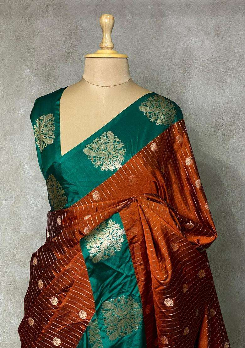 Golden Brown And Green Pure Soft Silk Saree With Traditional Woven Design For Women - Indya