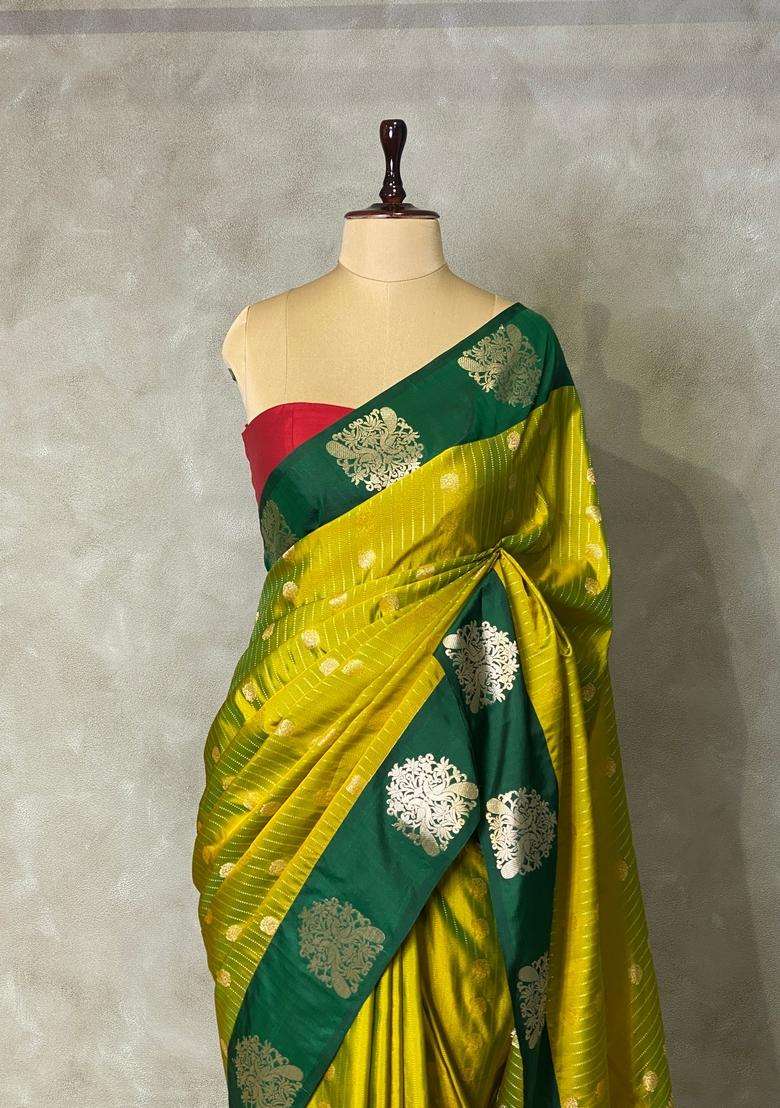 Olive And Dark Green Pure Soft Silk Saree With Traditional Woven Design For Women - Indya