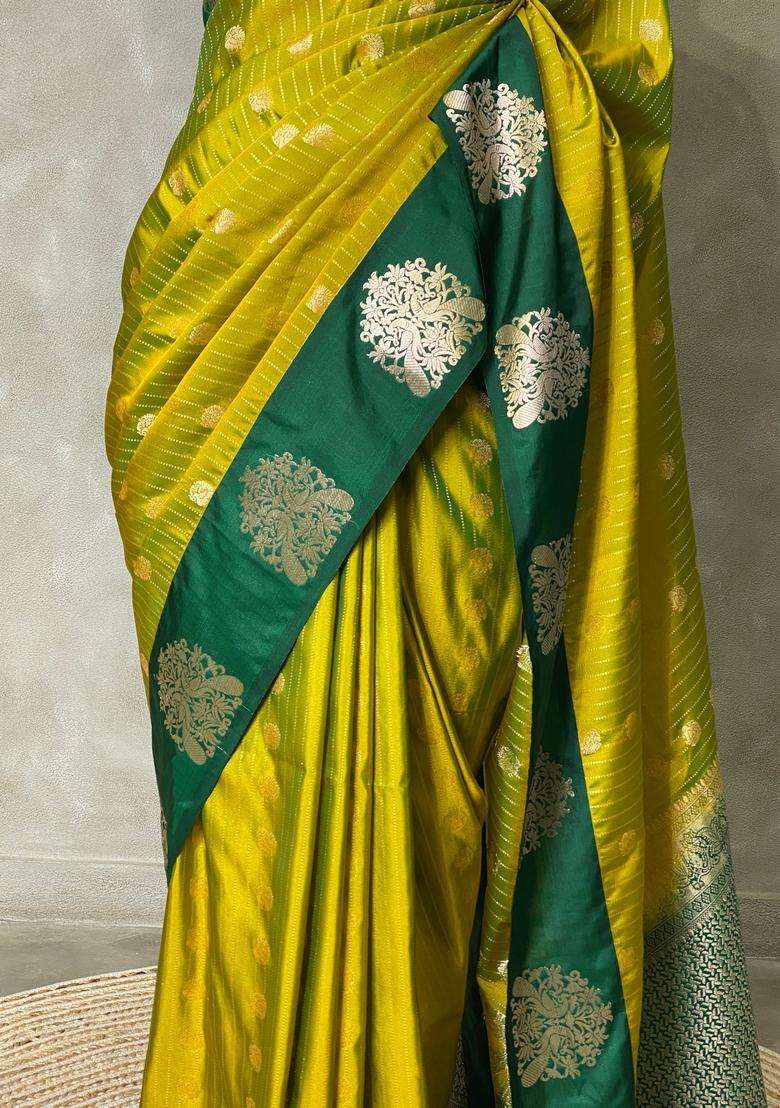 Olive And Dark Green Pure Soft Silk Saree With Traditional Woven Design For Women - Indya