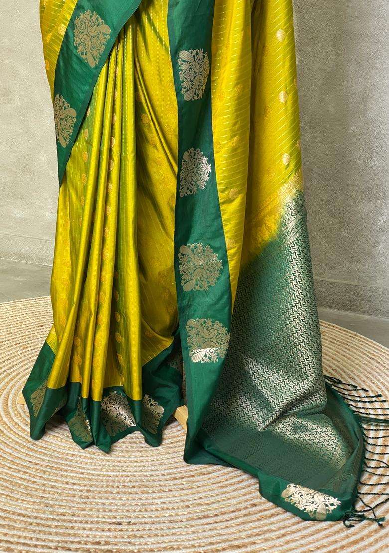 Olive And Dark Green Pure Soft Silk Saree With Traditional Woven Design For Women - Indya