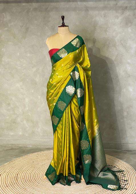 Olive And Dark Green Pure Soft Silk Saree With Traditional Woven Design For Women