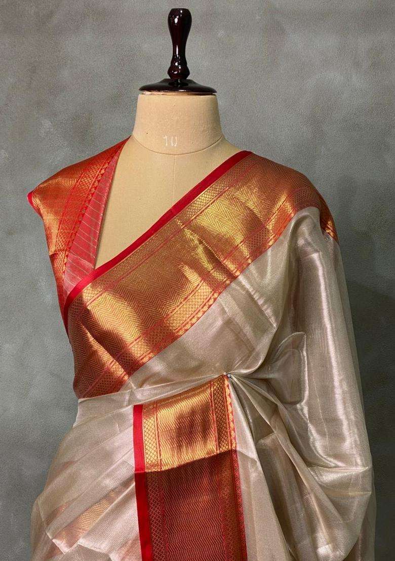 White Tissue Banarasi Silk Saree With Traditional Woven Design For Women - Indya