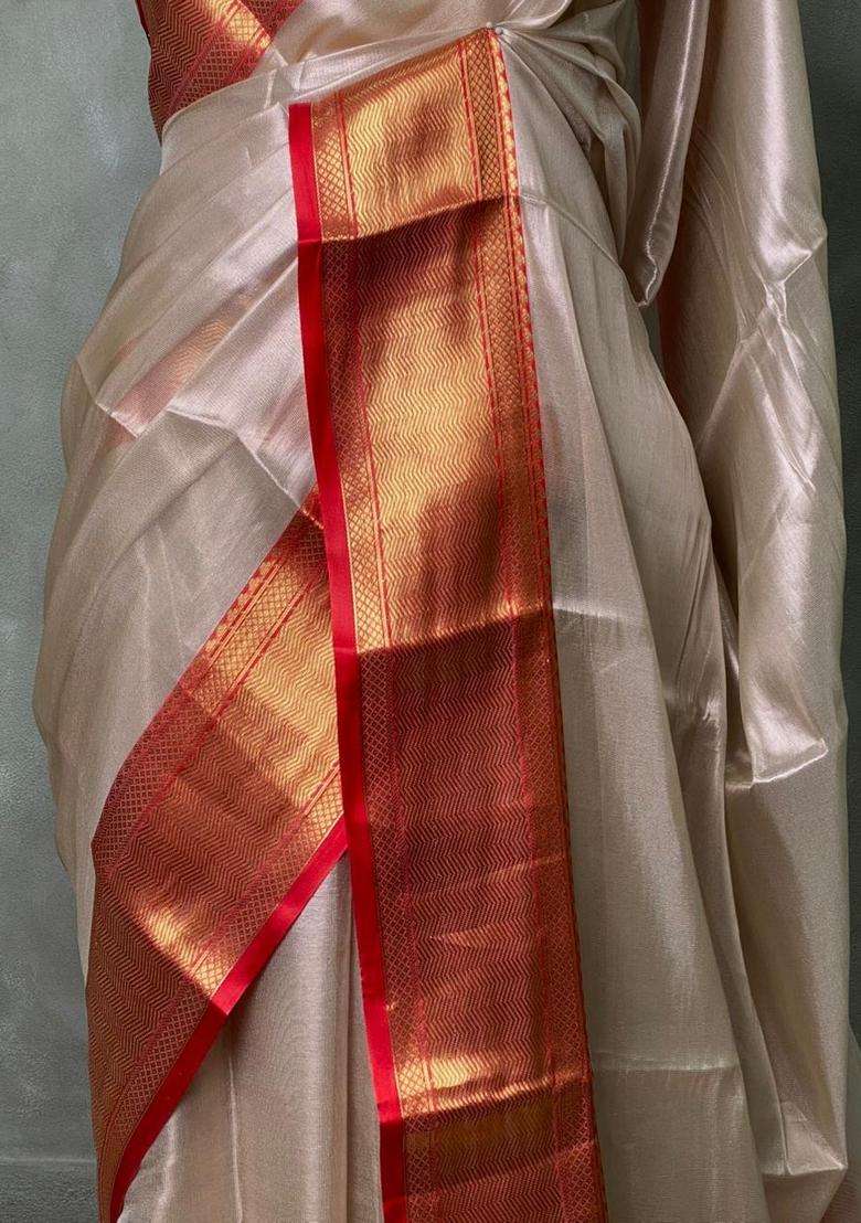 White Tissue Banarasi Silk Saree With Traditional Woven Design For Women - Indya