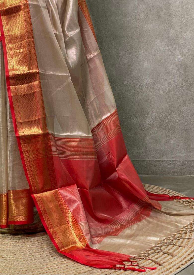 White Tissue Banarasi Silk Saree With Traditional Woven Design For Women - Indya