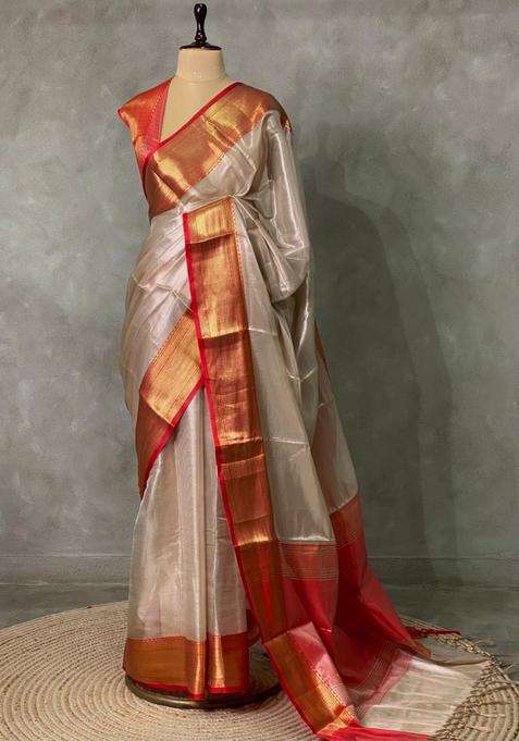 White Tissue Banarasi Silk Saree With Traditional Woven Design For Women