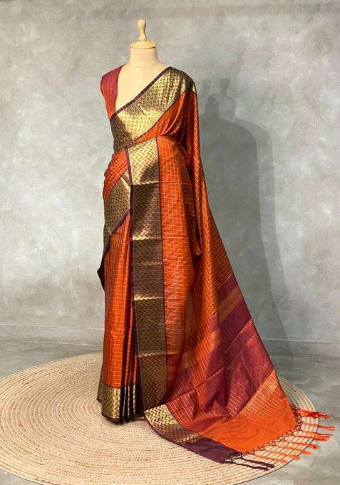 Rust Orange And Brown Semi Banarasi Art Silk Saree With Traditional Woven Design For Women