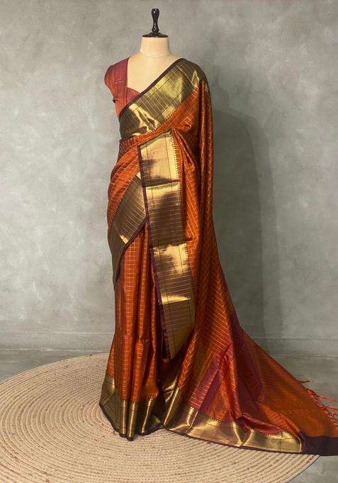 Rust Orange And Brown Semi Banarasi Art Silk Saree With Traditional Woven Design For Women