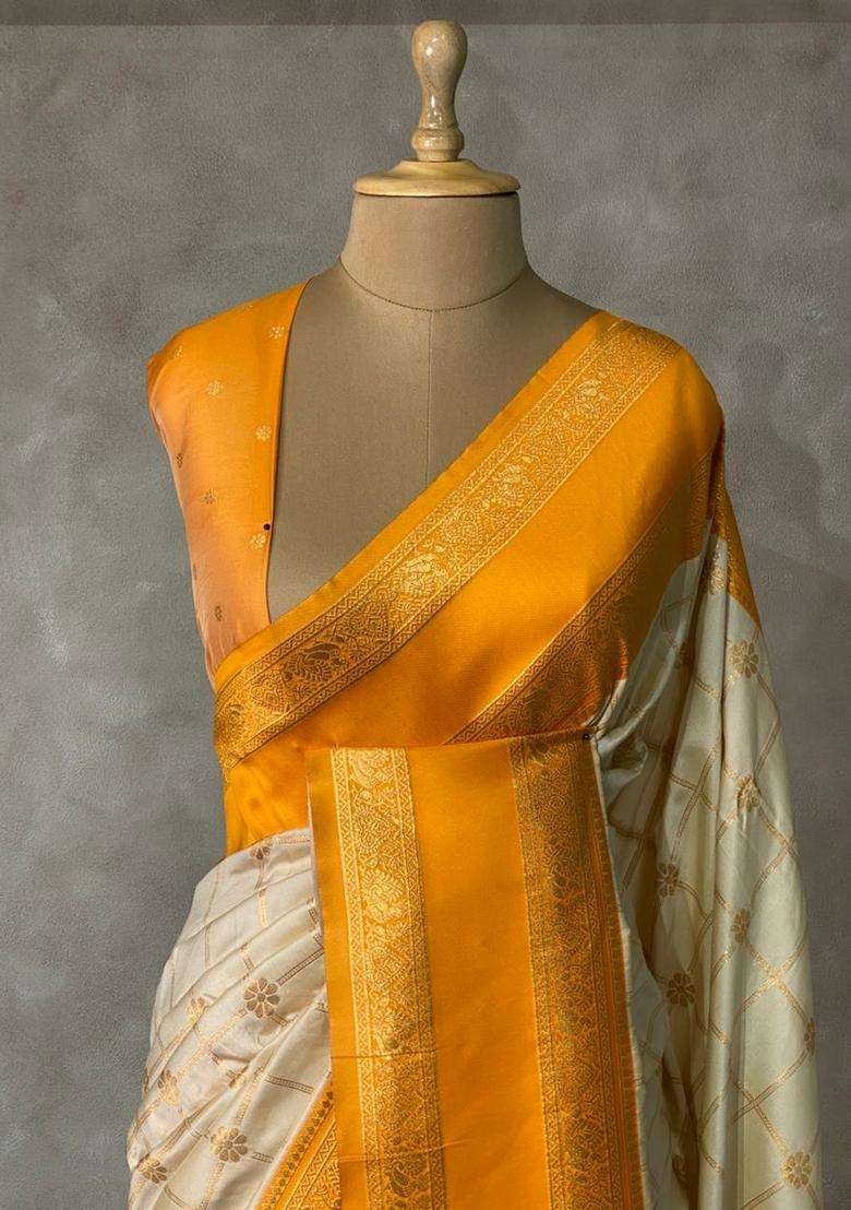Sandal And Yellow Banarasi Pure Silk Saree With Traditional Woven Design For Women - Indya