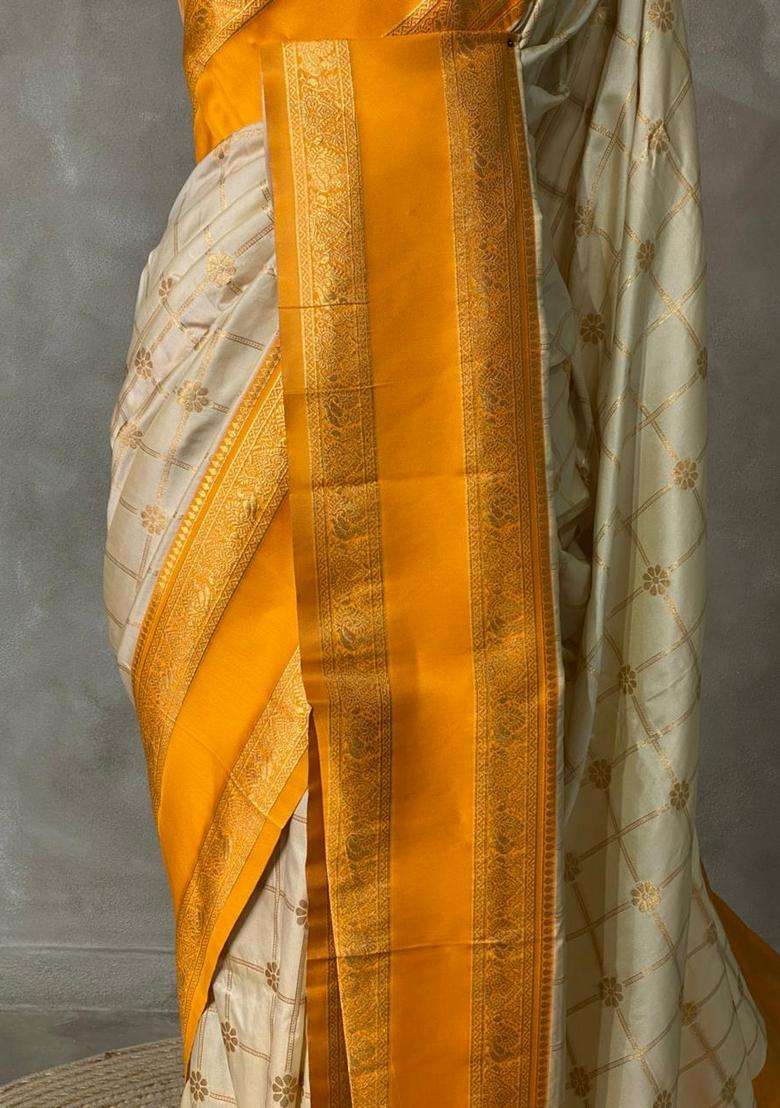 Sandal And Yellow Banarasi Pure Silk Saree With Traditional Woven Design For Women - Indya