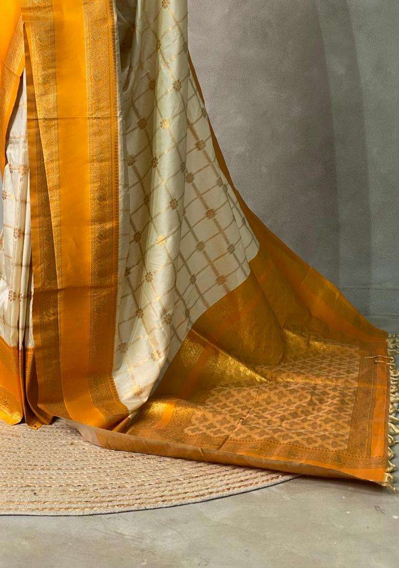Sandal And Yellow Banarasi Pure Silk Saree With Traditional Woven Design For Women - Indya