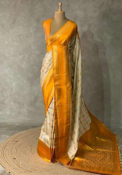 Sandal And Yellow Banarasi Pure Silk Saree With Traditional Woven Design For Women