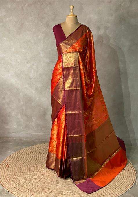 Rust Orange And Deep Maroon Semi Banarasi Art Silk Saree With Traditional Woven Design For Women