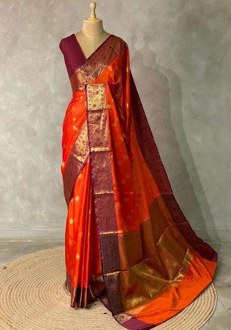 Orange And Deep Maroon Semi Banarasi Art Silk Saree With Traditional Woven Design For Women