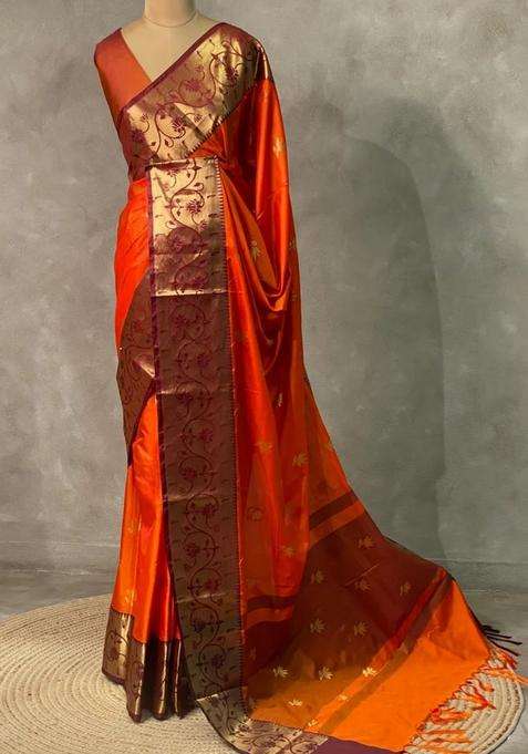 Rust Orange And Deep Maroon Semi Banarasi Art Silk Saree With Traditional Woven Design For Women